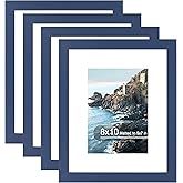Hongkee 8x10 Picture Frame (4 Pack, Blue) Made of Real Glass and Wooden Frame - Display Pictures 5x7 with Mat or 8x10 Without Mat, 8 by 10 Photo Frames TableTop Display and Wall Mounting