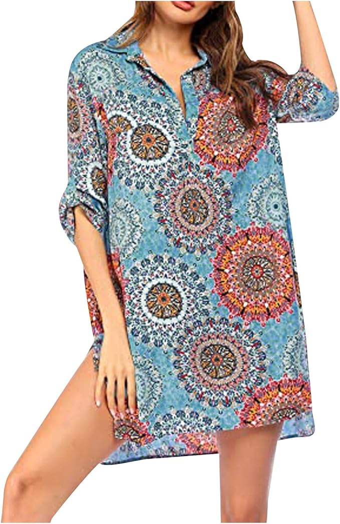 MYDANRAN Swimsuit Cover Ups for Women Geometric Floral Print V Neck Shirt Dress