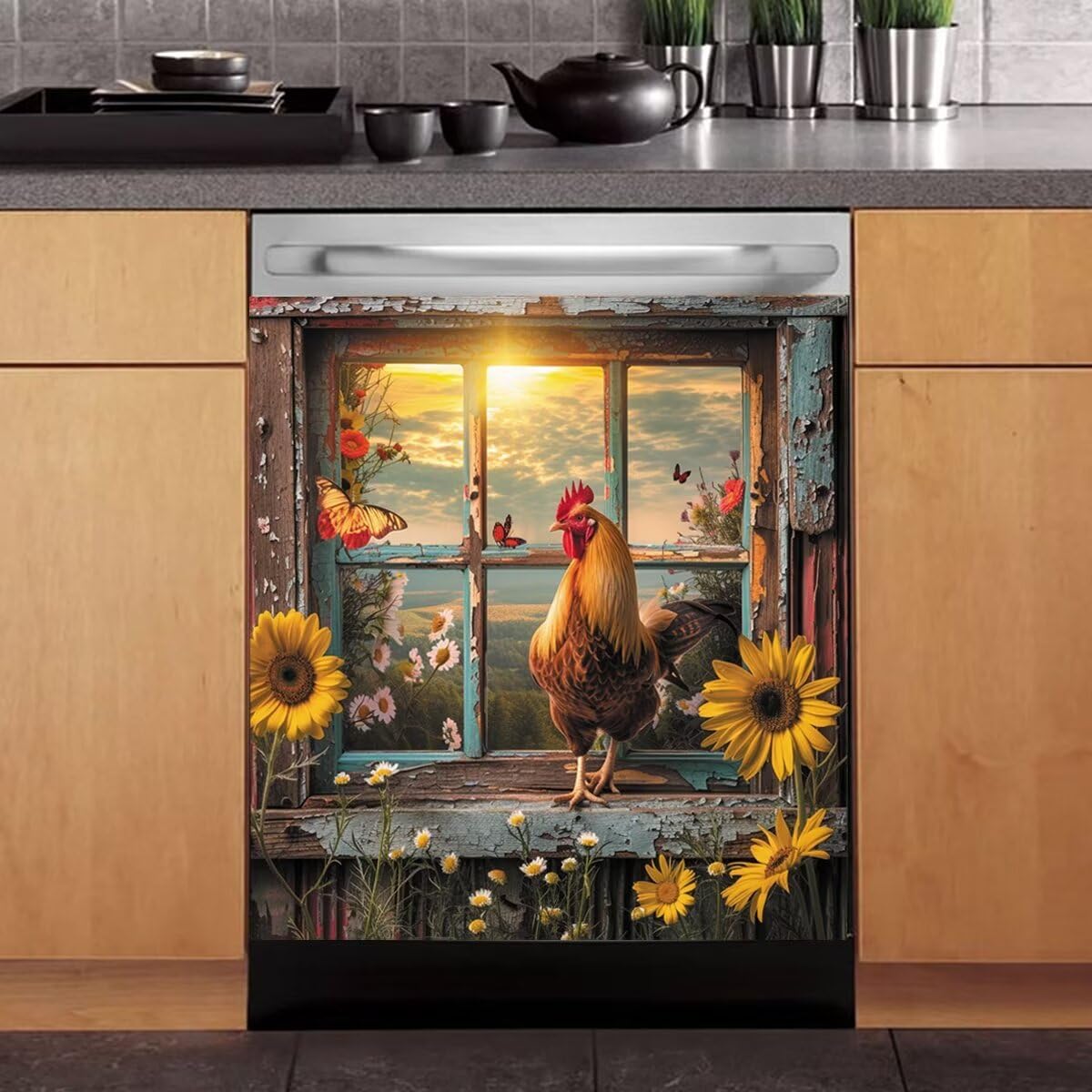Photo 1 of Farmhouse Decorative Dishwasher Cover, Farm Rooster Dishwasher Magnet Cover, Chicken Magnetic Vinyl Decal, Floral Front Dishwasher Sticker, Fridge Reusable Panel Decals, Magntic 23" x 26"
