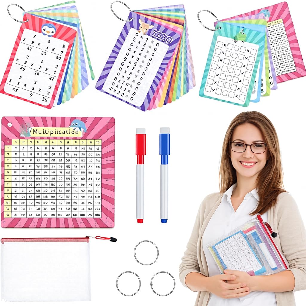 Photo 1 of 31 Pcs Multiplication Flash Cards Times Table Flash Cards, Math Problems from Easy to Hard, Multiplication Chart with 2 Dry Erase Markers 3 Rings Math Flashcards