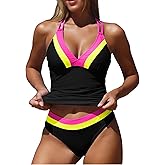 ZAFUL Tankini Swimsuits for Women Tummy Control Halter Neck Mid Waist Ruched Color Block Two Piece Bathing Suits Swimwear(1-Black, XL)