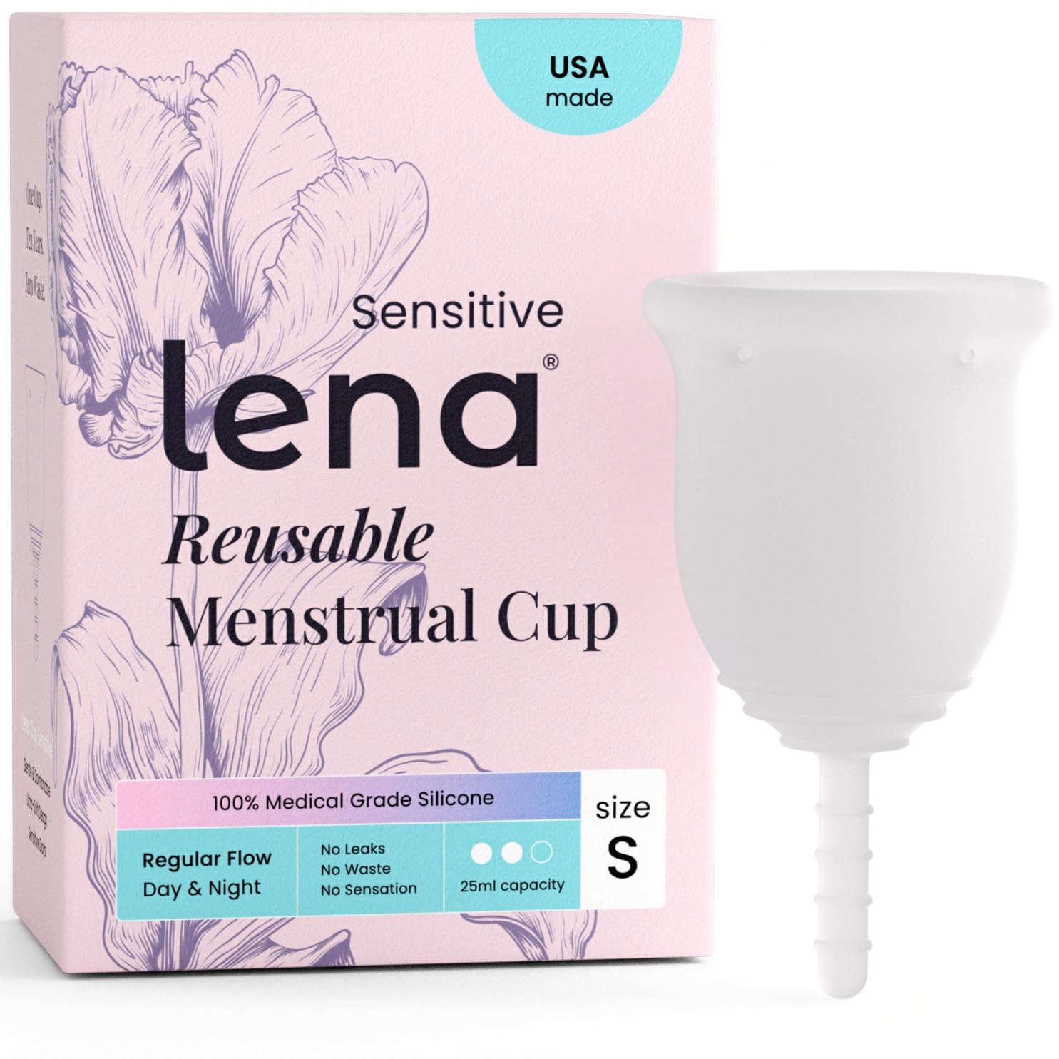 Lena Sensitive Menstrual Cup, Reusable Period Cup, Tampons,Period Underwear and Menstrual Pads Alternative, Feminine Care, Silicone Menstrual Cups, Made in USA, Regular & Heavy Flow, Small, Clear