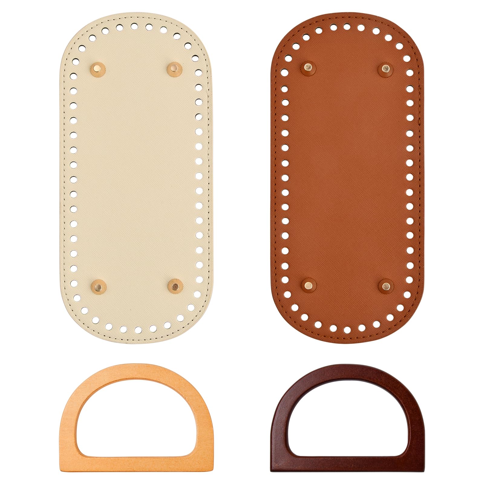 Anseom 2Pcs Crochet Bag Bottom with Wooden Bag Handle 22x10cm PU Leather Bag Bottom with Holes Hand-Woven Bag Base for Bag Making Handbag DIY Bottom Pad