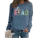 NAKAEOE Reading Book Sweatshirt Women Let's Read Graphic Long Sleeve Shirts Teacher Book Lover Bookish Pullover Tops