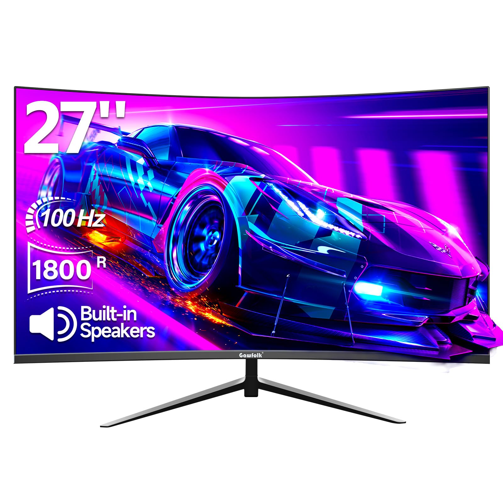 Gawfolk Curved Monitor 27 Zoll 100Hz, PC Bildschirm mit Lautsprecher 1080P, 1800R 75Hz Computerbildschirm mit Eye Care Technologie HDMI DP, unterstützt VESA 7
