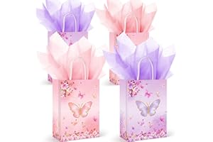 LWBDD 16 Pcs Butterfly Party Favors Gift Bags Goodie Bags, Pink Purple Treat Candy Bags; small size Paper Bags with Handles & Tissue Paper for Girls Butterfly Birthday Party Supplies Baby Shower