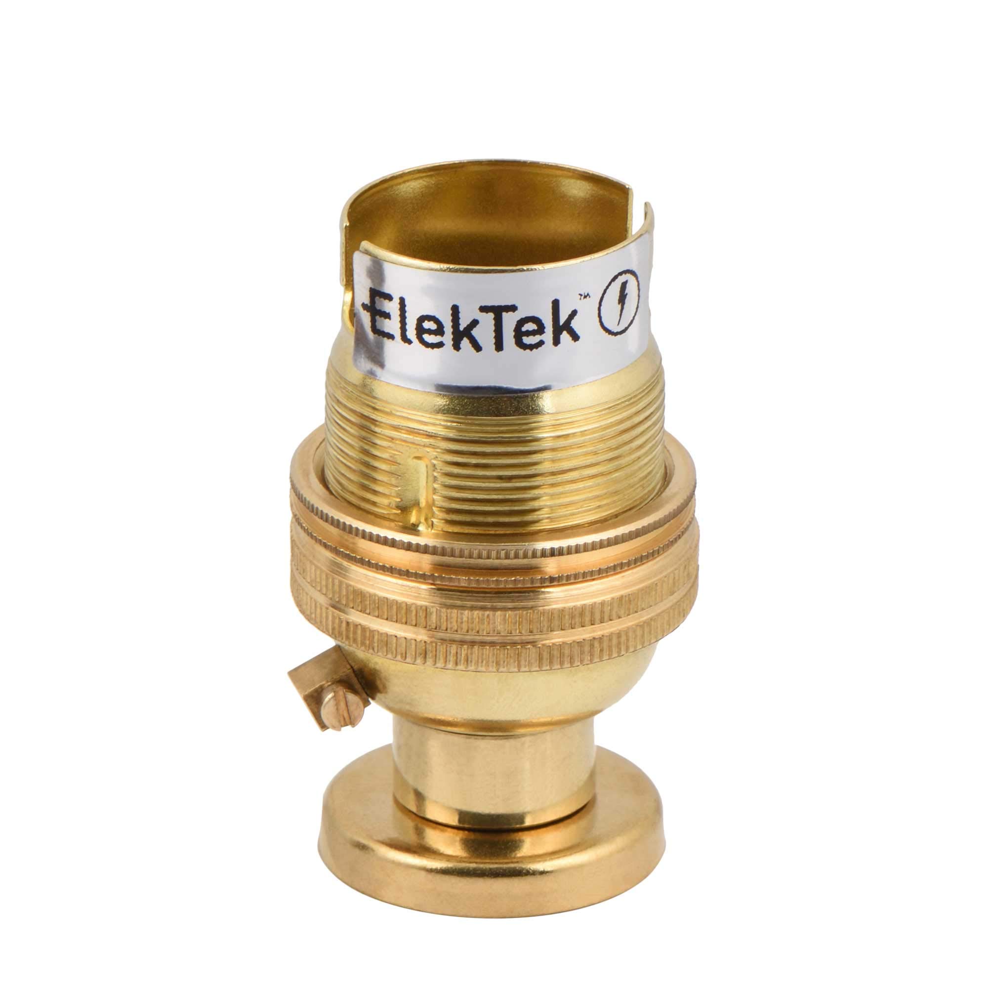 ElekTek Unswitched Lamp Holder B22 BC Bayonet Cap & Shade Ring with Solid Brass CNC Back Plate Mount, Cover and Screws - Made in UK - Brass