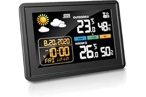 DECORMISS Weather Station, Wireless Home Thermometer Outdoor Indoor Colorful Display Hygrometer with 5 Level Adjustable Backlight Humidity Monitor Weather Forecast Alarm Clock and Sensors