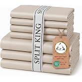 Therapedic 100% Egyptian Cotton 7 Piece Split King Sheets Set (Fog) | Naturally Cooling, Breathable Sateen, Preshrunk Garment Wash, 16" Deep Pocket Fitted Sheet, Bonus Pillowcases, Soft &amp; Durable