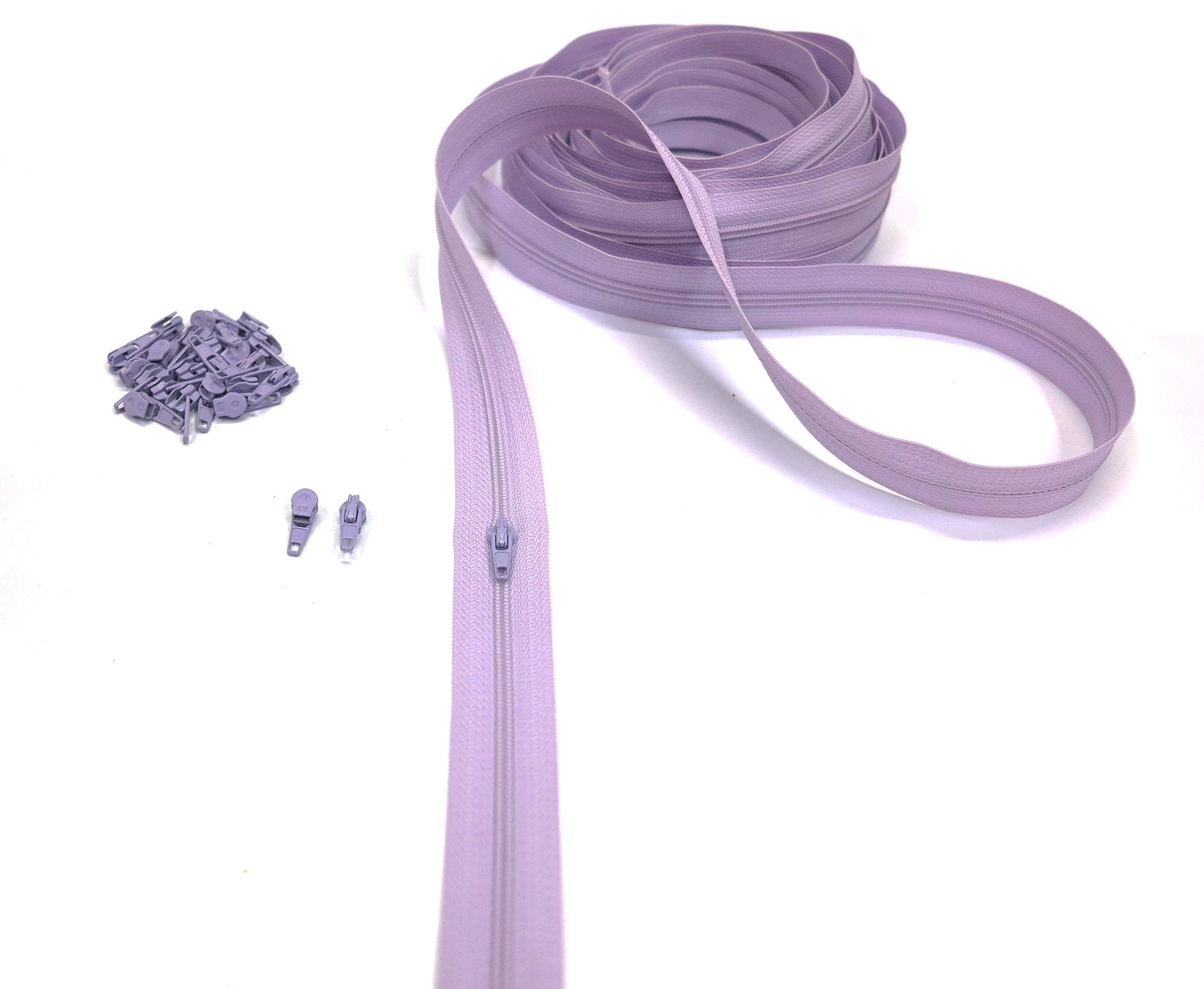 Nylon Zipper Chain, Continuous Coil, 20 Colours Available, Metal Zip, 7 Lengths, 4 mm, 100% Polyester (Lilla, 2 m + 5 Zipper)