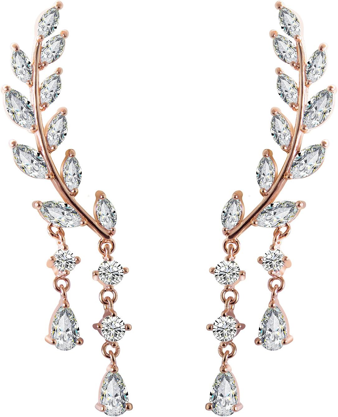 CIShop"SpringWaking" Elegant Leaf Simulated Diamond Stud Earrings Ear Climber 925 Sterling Silver Post
