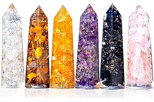 EVER VIBES Healing Crystal Wand Set of 6 Orgonite – Includes 3” Amethyst Crystal, Tigers Eye, Rose Quartz, Black Tourmaline Stone, Citrine and Clear Quartz Orgone Crystal Plus Black Tourmaline Necklace