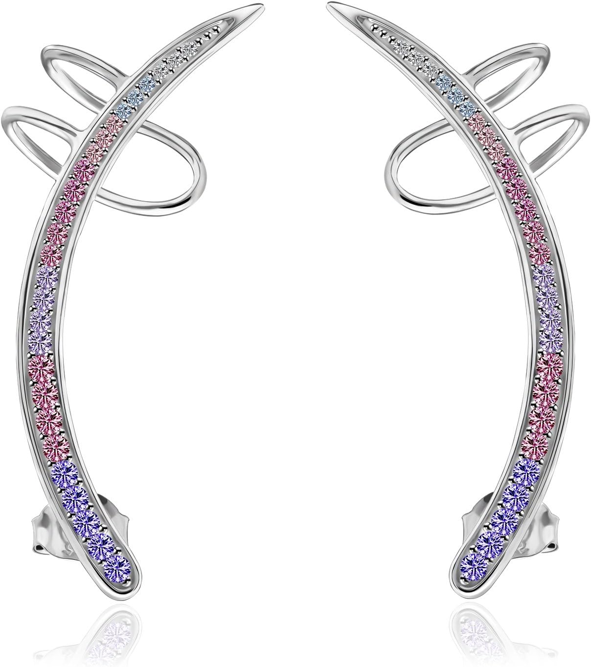 Silver Rainbow Unicorn Ear Cuff Hypoallergenic Sterling Silver Sweep Ear Crawler Climber Studs Pin Earrings Multi Color CZ