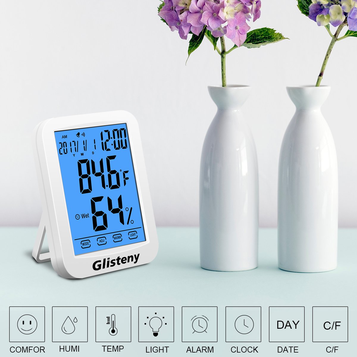 Thermomètre Hygromètre Intérieur,GLISTENYThermomètre Interieur Numérique à écran LCD Tactile,Moniteur de Température et d\'humidité avec horlogie calendrier