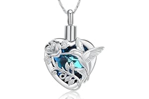 Yinplsmemory Hummingbird Cremation Jewelry Crystal Heart Urn Ashes Necklace for Women Men Memorial Keepsake Necklace of Loved One
