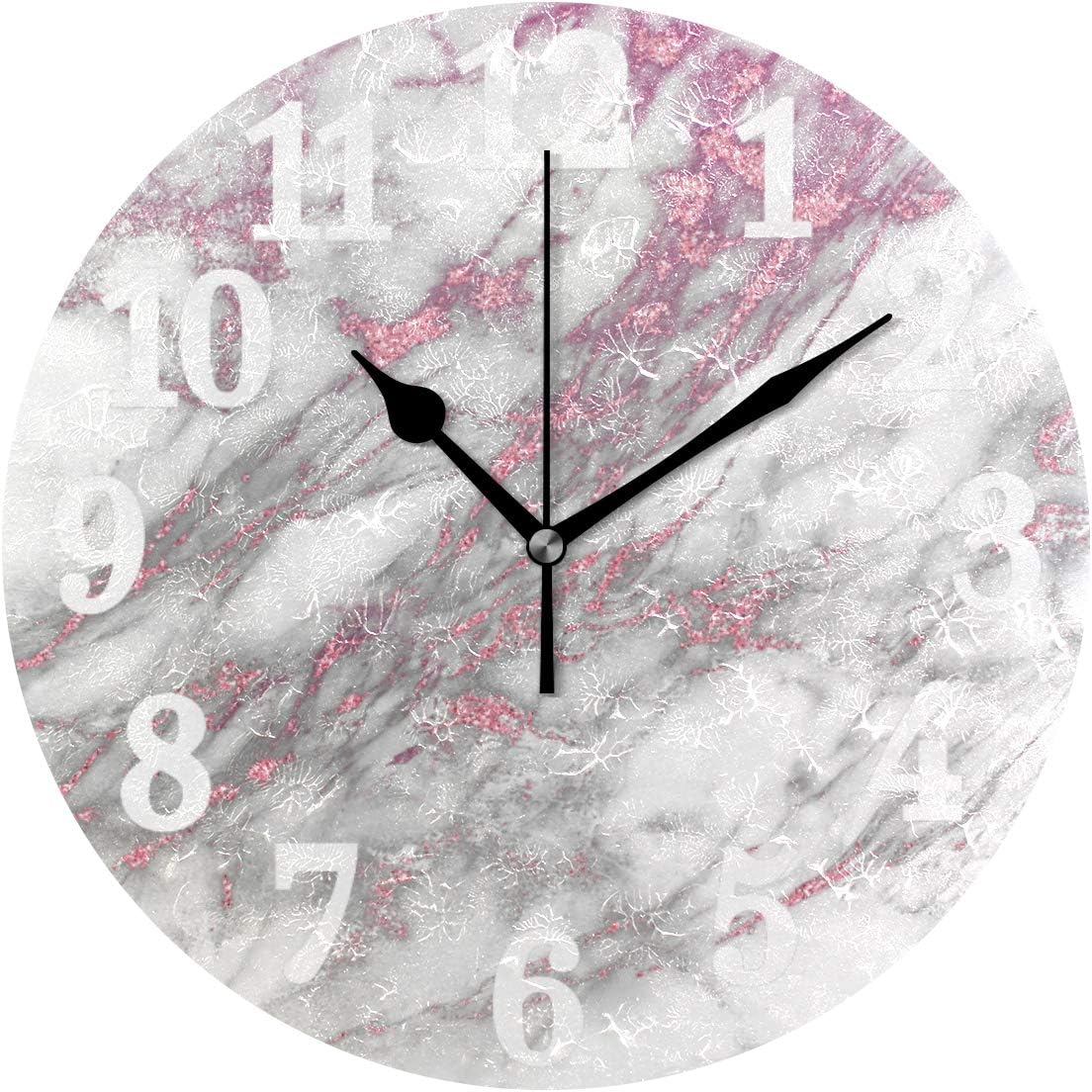 WIHVE Decorative Wall Clock White Pink Marble Silent Round Clock Non Ticking Living Room Home Decor