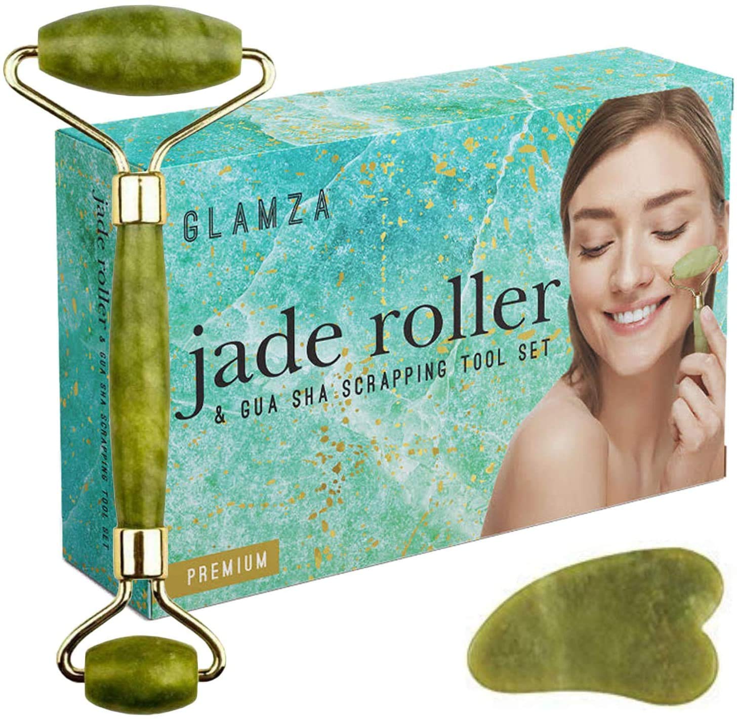 Jade Face Roller - GLAMZA Double Ended Facial Roller & Gua Sha Massage Tool - Stimulates Lymphatic Drainage, Improving Skin-Tone & Reducing Fine Lines & Wrinkles