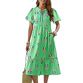 Wenrine Womens Summer Floral Midi Dress Casual Short Sleeve V Neck Flowy Ruffle Boho Beach Sundress with Pockets