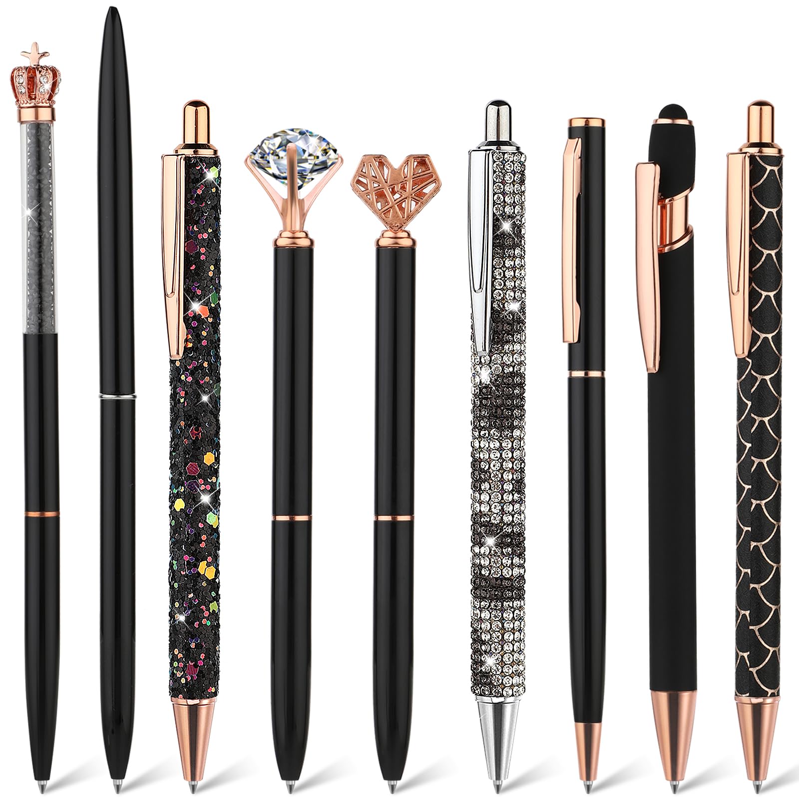 TIESOME 9 Pcs Ballpoint Pens, Metal Crystal Diamond Pen Liquid Sand Glitter Pen for Journaling Black Ink Pretty Cute Pens Fancy Pens Gifts for Women Girls School Wedding Office Supplies(Black)