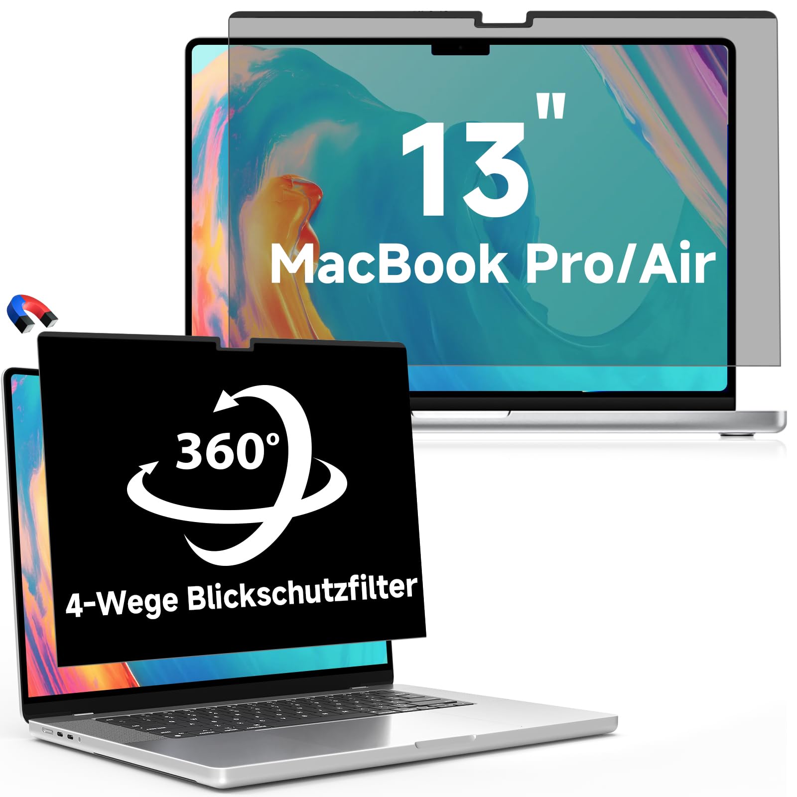 360° Magnetic Privacy Screen Protector for MacBook Air 13 (2018-2021, M1) & MacBook Pro 13 (2016-2022, M1/M2), Removable Anti-Glare 4-Way Privacy Film 13.3 Inch Privacy Filter Privacy Screen