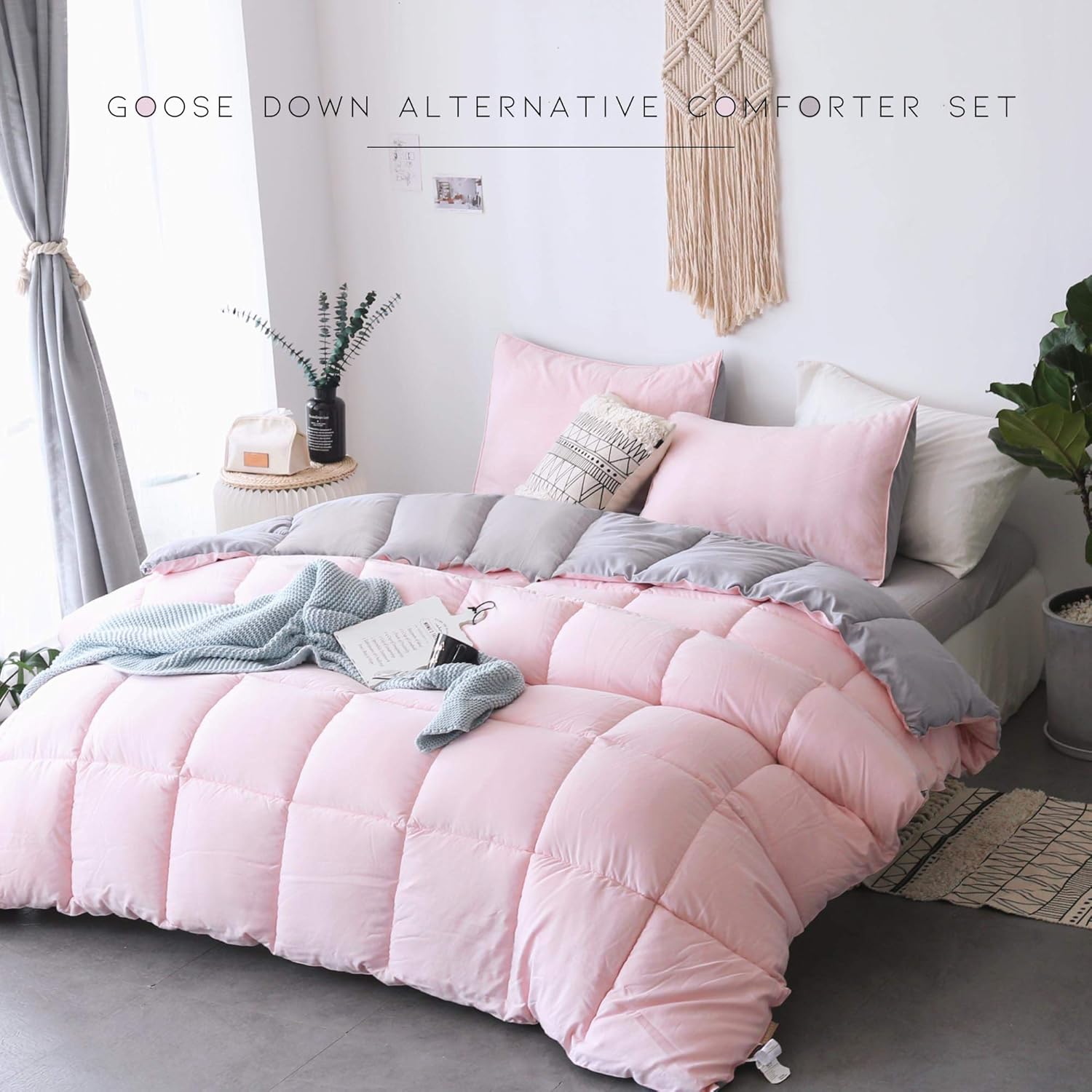 KASENTEX All Season Down Alternative Quilted Comforter Set with Sham(s) - Reversible Ultra Soft Duvet Insert Hypoallergenic Machine Washable, Queen, Pink Potpourri/Quartz Silver: Home & Kitchen