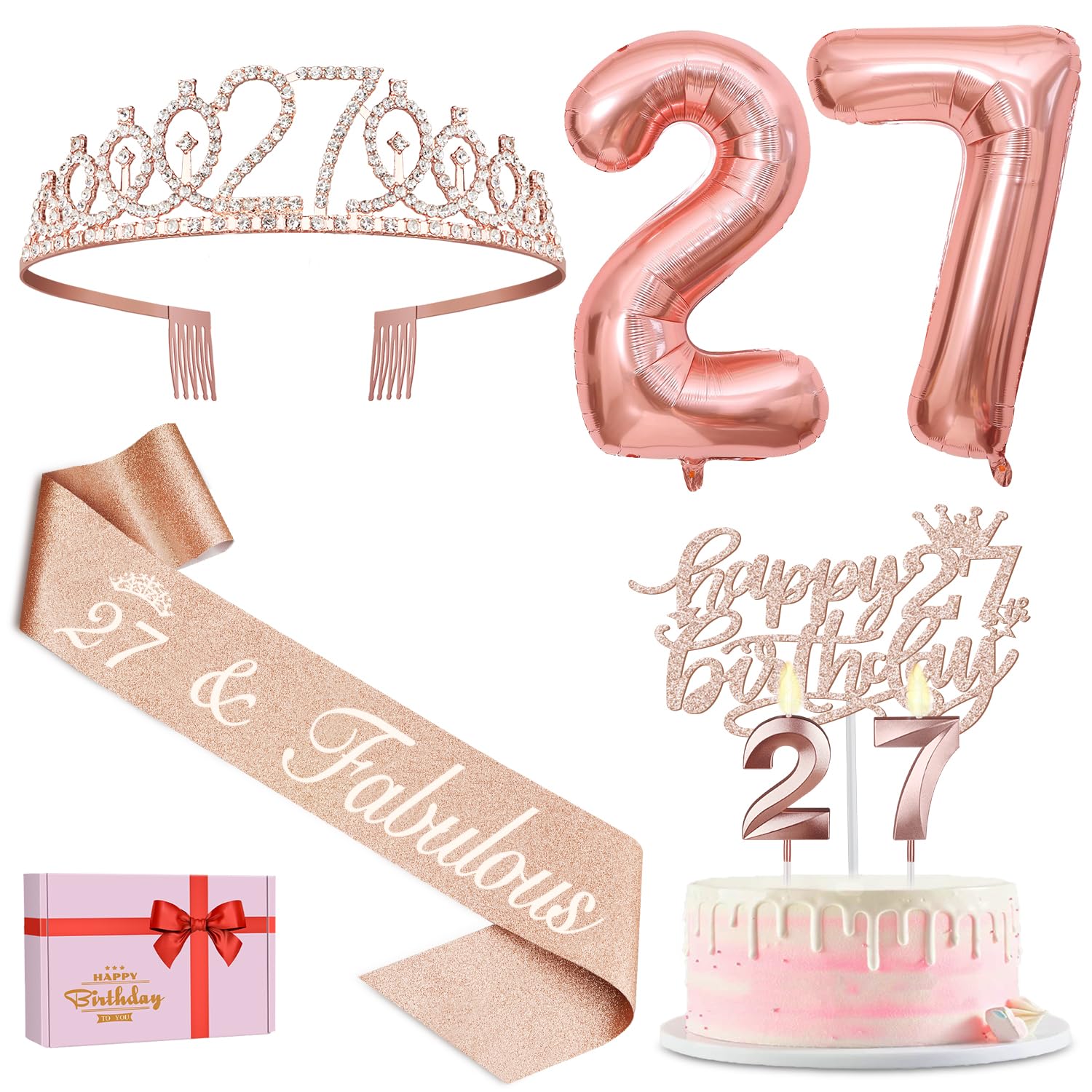 Photo 1 of 27th Birthday Decorations for Women, Include 27th Birthday Sash and Tiara, Cake Topper and Candles, Number Balloons, 27 Year Old Gifts for Women