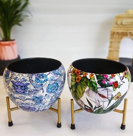 Exotic Green Floral Blue & White Combo Designer Pot with Stand for Indoor Plants | Beautiful Metal Planters for Living Room and Balcony | Modern Design Table Top Flower Plant Pots I (2 Pcs Combo)