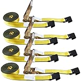 Flat Hook Ratchet Straps-Tie Down Straps Heavy Duty-2 Inch x 27 Feet-Weather Resistant Strap -3,333 Pound Working Load Limit-for Flatbed, Truck, Trailers Pickup(4 Pack) Yellow
