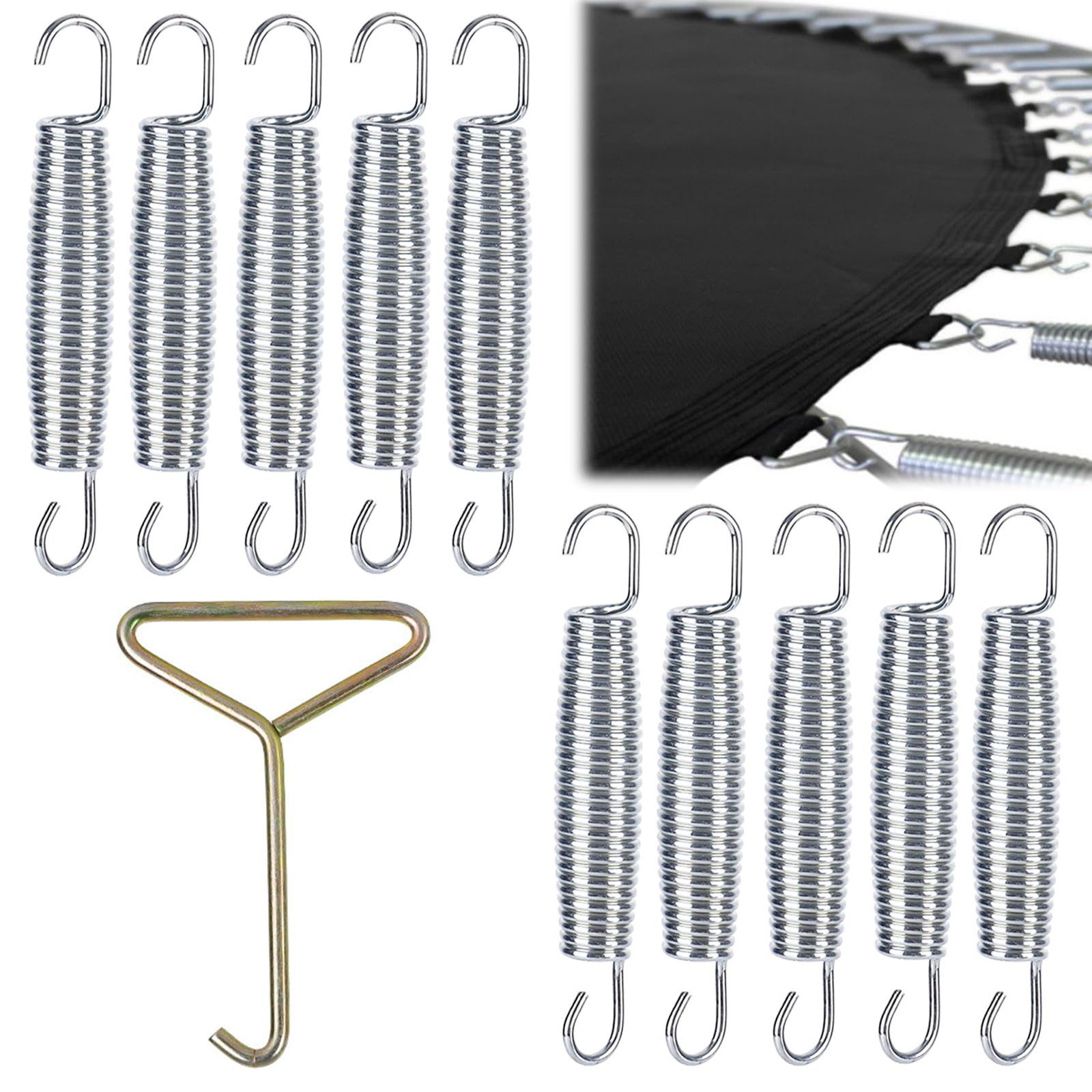 INHEMING 10 pcs 5.5inch Trampoline Replacement Springs, Long-lasting Fitness Trampoline Springs, for 8ft/10ft/12ft/14ft/15ft/16ft,Heavy-Duty Galvanised Steel (1pcs springs tool)