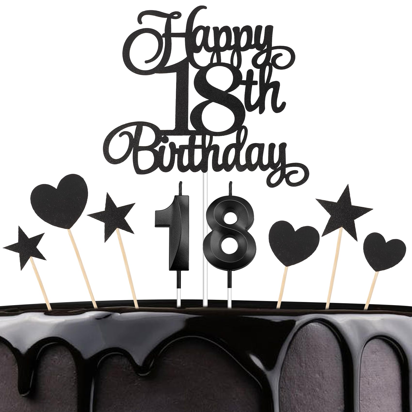 Photo 1 of 18th Birthday Candles, 18th Birthday Cake Decoration Black Number 18 Birthdays Cake Toppers Set 7PCS Black Star and Heart Glitter Birthdays Sign for 18 Years Old Girls Boys Party Supplies