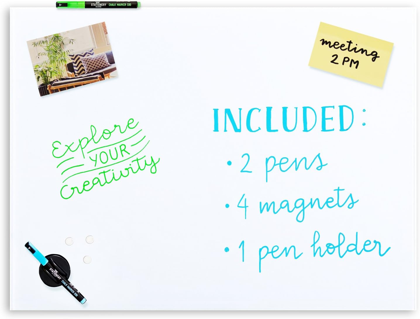 Stationery Island Glass Board 45x60cm White. Wipeable Memo