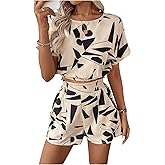 SweatyRocks Women's Two Piece Outfits Summer Printed Short Sleeve Crop Top and Wide Leg Shorts Set