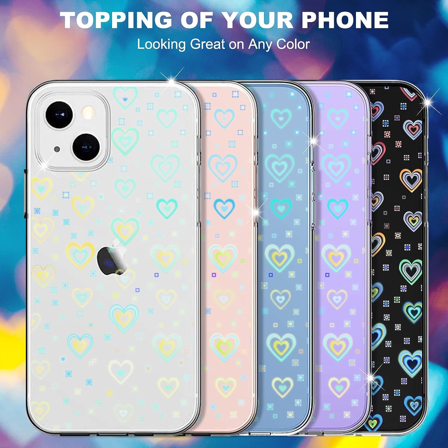 Jusy Compatible with iPhone 15 Pro Case, Holographic Love Heart Iridescent Clear Kawaii Phone Case, for Women Aesthetic Laser Bling Rainbow Cute iPhone Cover, Holo Reflective Case