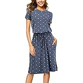 Women Summer Sleeve Pocket Modest Work Casual Midi Knee Dress Polka Dot Blue L