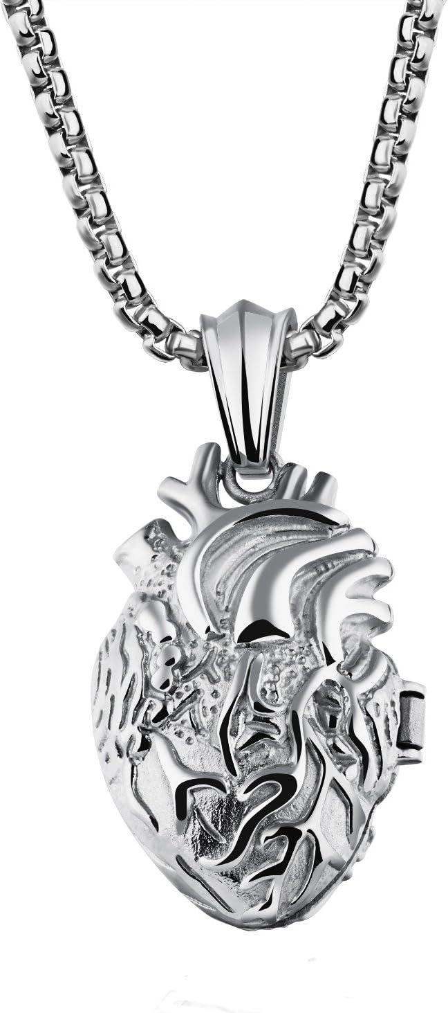 Fate Love fathers day gift Stainless Steel Anatomical Heart Locket Pendant Necklace for Men Women, Silver/Gold/Black