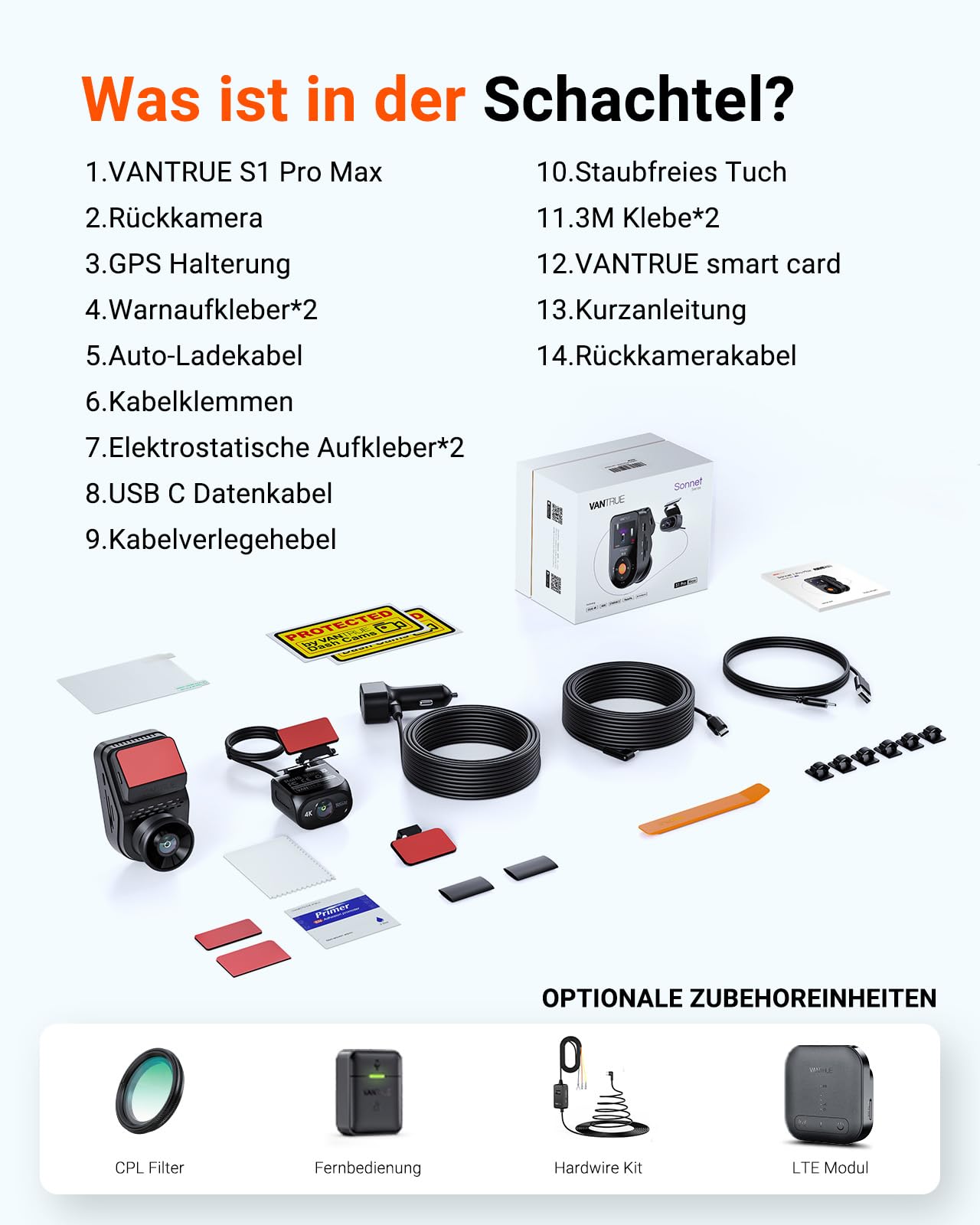 VANTRUE S1 PRO MAX 4K+4K Dashcam Auto Dual STARVIS 2 IMX678 HDR Nachtsicht Dash Cam Vorne Hinten, 5,8GHz WLAN GPS, 15S Puffer Parkmodus, DSGVO-konform, AI Auto Kamera ADAS BSD, Sprachbefehl, 1TB Max 9