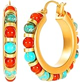IBARA Vintage Turquoise Hoop Earrings for Women Natural Stone Earrings 18k Gold Plated Medium Hoop Earrings Bohemia Beads Gemstone Earrings Summer Beach Travel Hawaiian Dress Handmade Jewelry