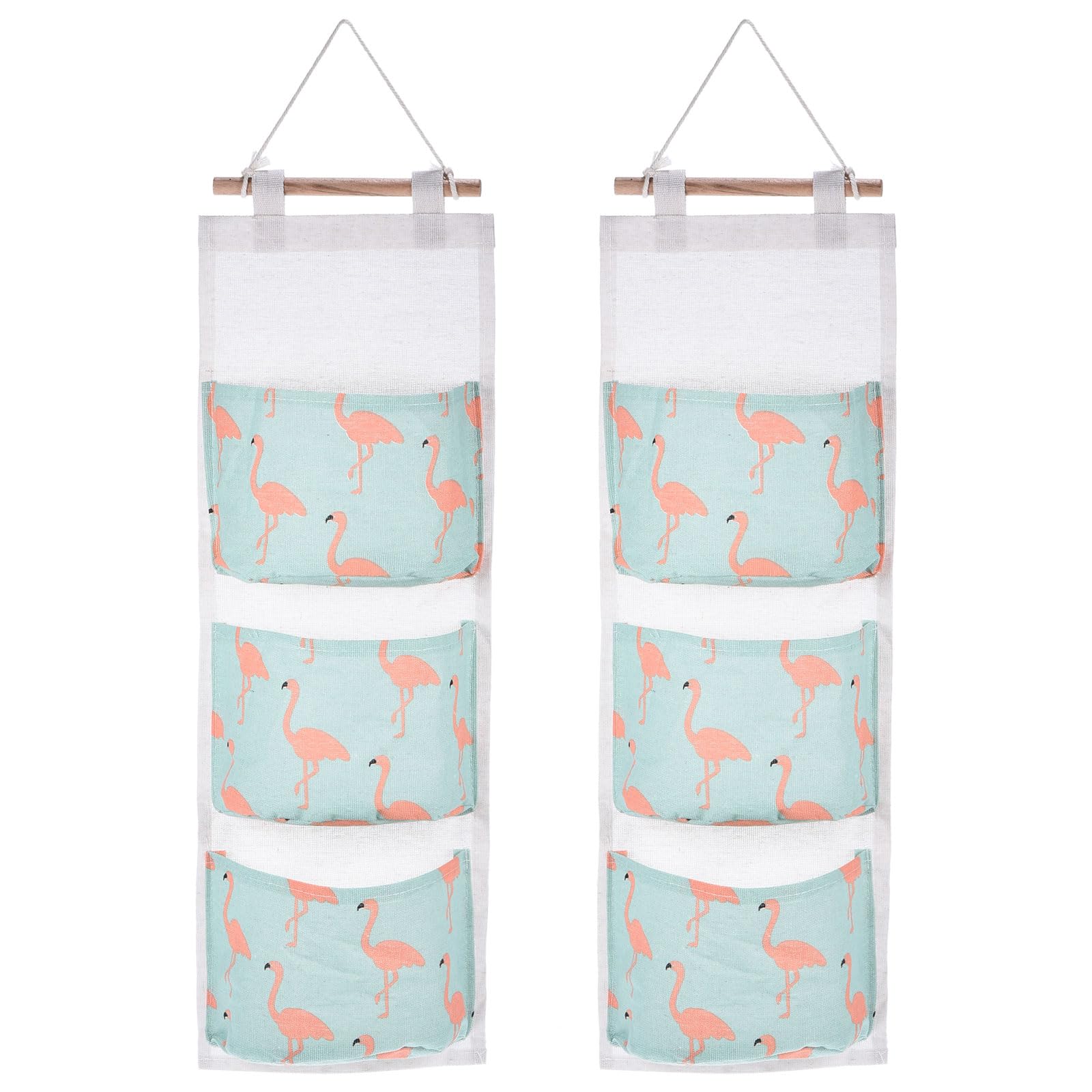 PATIKIL 3 Pockets Over Door Hanging Storage Bags, 2 Pack Cotton Linen Wall Mount Closet Organizer Pouches Waterproof for Bedroom Bathroom, Bird Pattern Green