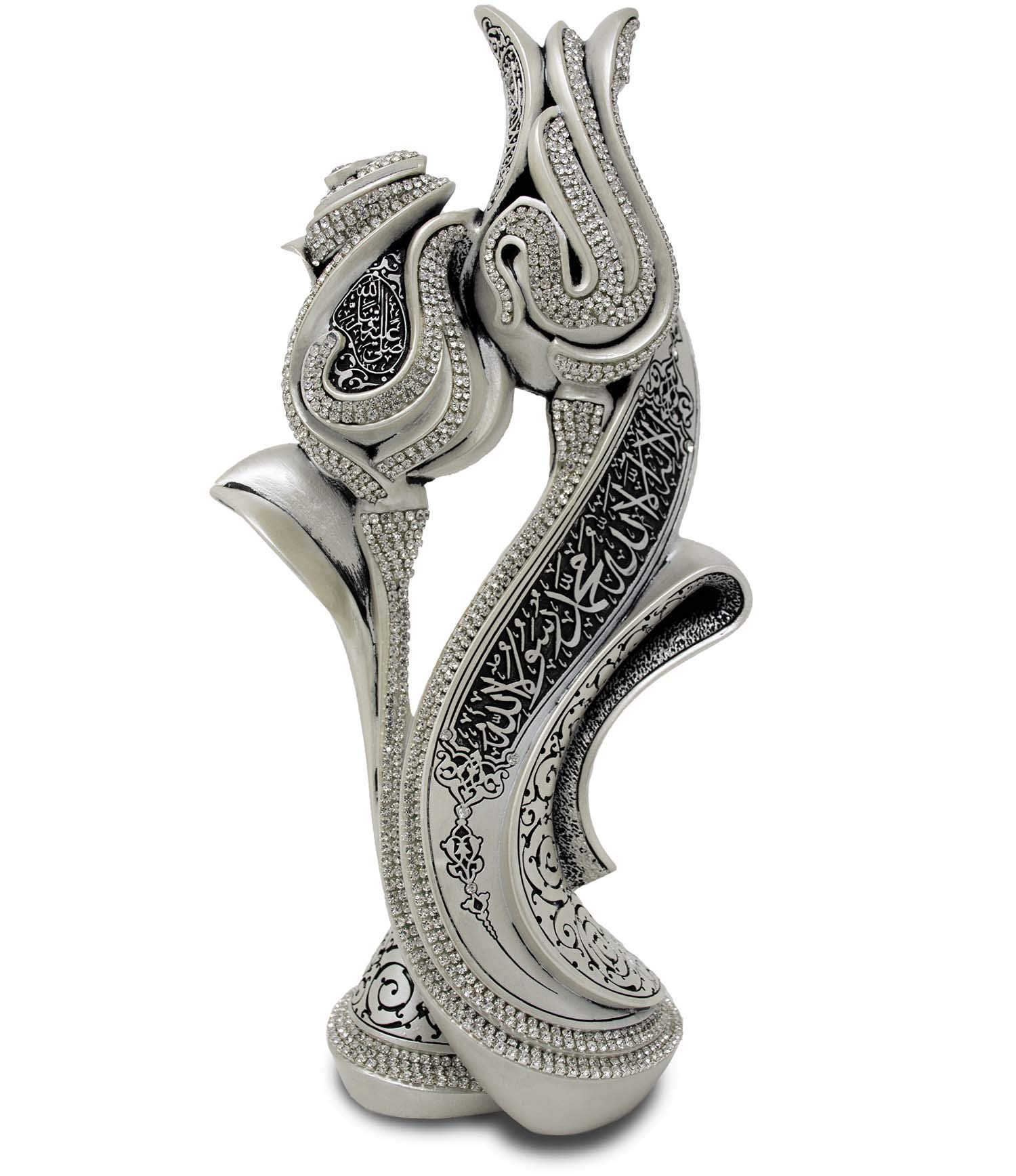 Gunes Allah and Muhammad name and Shahada Kalima Shahadat Kalima Tawhid Islamic Gift Table Decor Sculpture on Tluip and Rose Shape