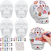 4 Pcs Halloween Skull Ceramic to Paint, DIY Unpainted Ceramic Sugar Skulls | Sugar Skull Style, Make Your Own 3D Skeleton Plaster Crafts, Day of The Dead Party Supplies, for Shelf, Mantle, Desk