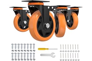 JIN FU TOU 5 Inch Caster Wheels,Orange Casters Set of 4, Heavy Duty Casters with Brake 2200 Lbs, Locking Industrial Swivel Top Plate Casters Wheels for Furniture and Workbench Cart(Two Hardware Kits Include)