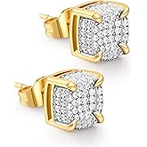 WORFAJEW Moissanite Earrings for Men, Lab Diamond Cluster Studs Sterling Silver 18K Gold Plated Hypoallergenic Iced Out Big Hip Hop Earring Square Push Back with VVS1 GRA Certified 8/9/10MM