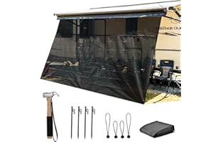 WIOUKEVA RV Awning Shade Screen with Zipper 9'X14'3'', Black Mesh Camper Awning Shade Screen, Universal Trailer Camper RV Awning Sun Shade Screen - Comes with Ground Nail Hammer Set