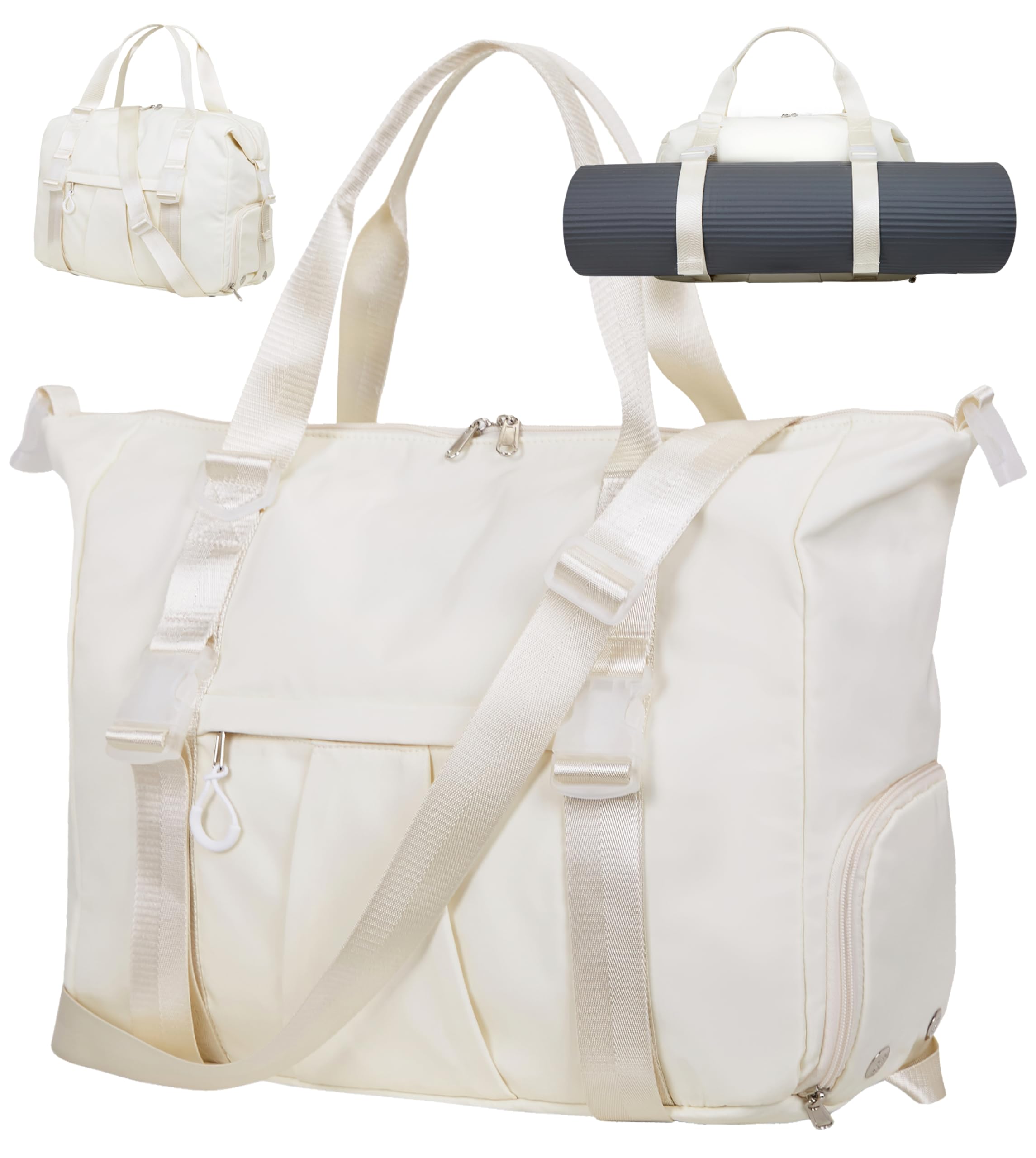 Photo 1 of ERTUNA Gym Bag with Yoga Mat Holders, Carry On for Pilates Women & Men with Laptop & Shoe Compartment Large Duffle Travel Weekender Tote with Key Ring Clip Personal Item Workout, Easy to Clean - Beige