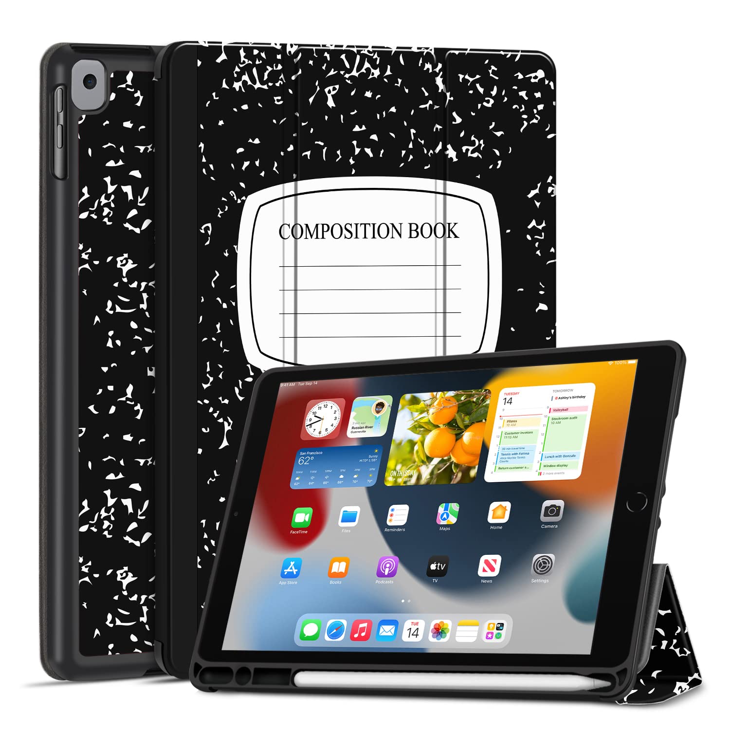 TNP Case for iPad 9th Gen 2021/iPad 8th 2020/iPad 7th 2019 Generation Protective Cover with Pencil Holder - 10.2 inch Slim Soft TPU Trifold Stand PU Leather Folio Auto Sleep Wake - Composition Book — image 1
