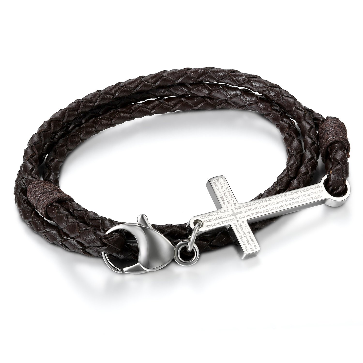 Cupimatch Men Stainless Steel Bible Lords Prayer Cross Rope Wrap Leather Cuff Bracelet for Fathers Day