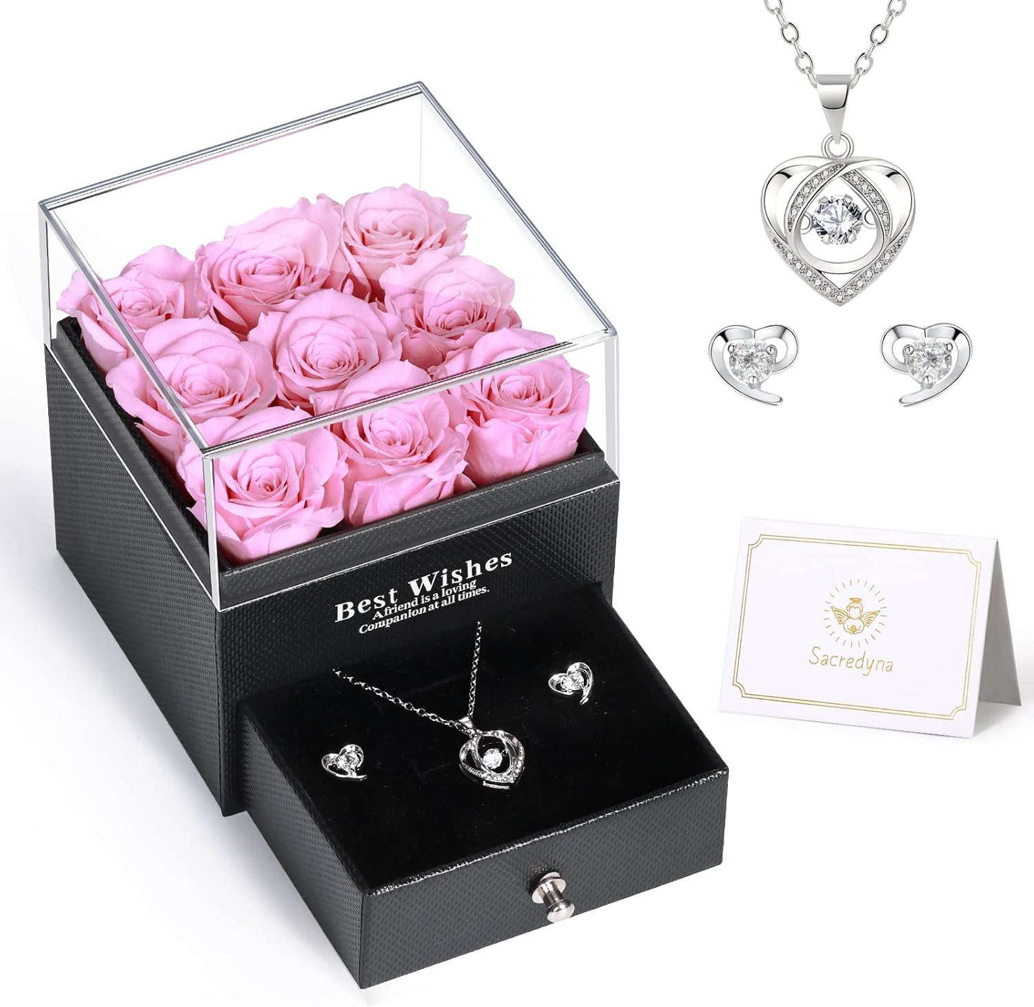 Dried & Preserved Flora - Sacredyna Preserved Real Rose Necklace and Earrings Set in a Gift Box - Eternal Flowers for Her: Unique Anniversary, Mother's Day or Birthday Gift Idea for Mom, Wife or Girlfriend