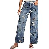 MGWTFZDL Jeans for Women Mid Rise Straight Leg Denim Pants Floral Printed Barrel Jeans with Pockets