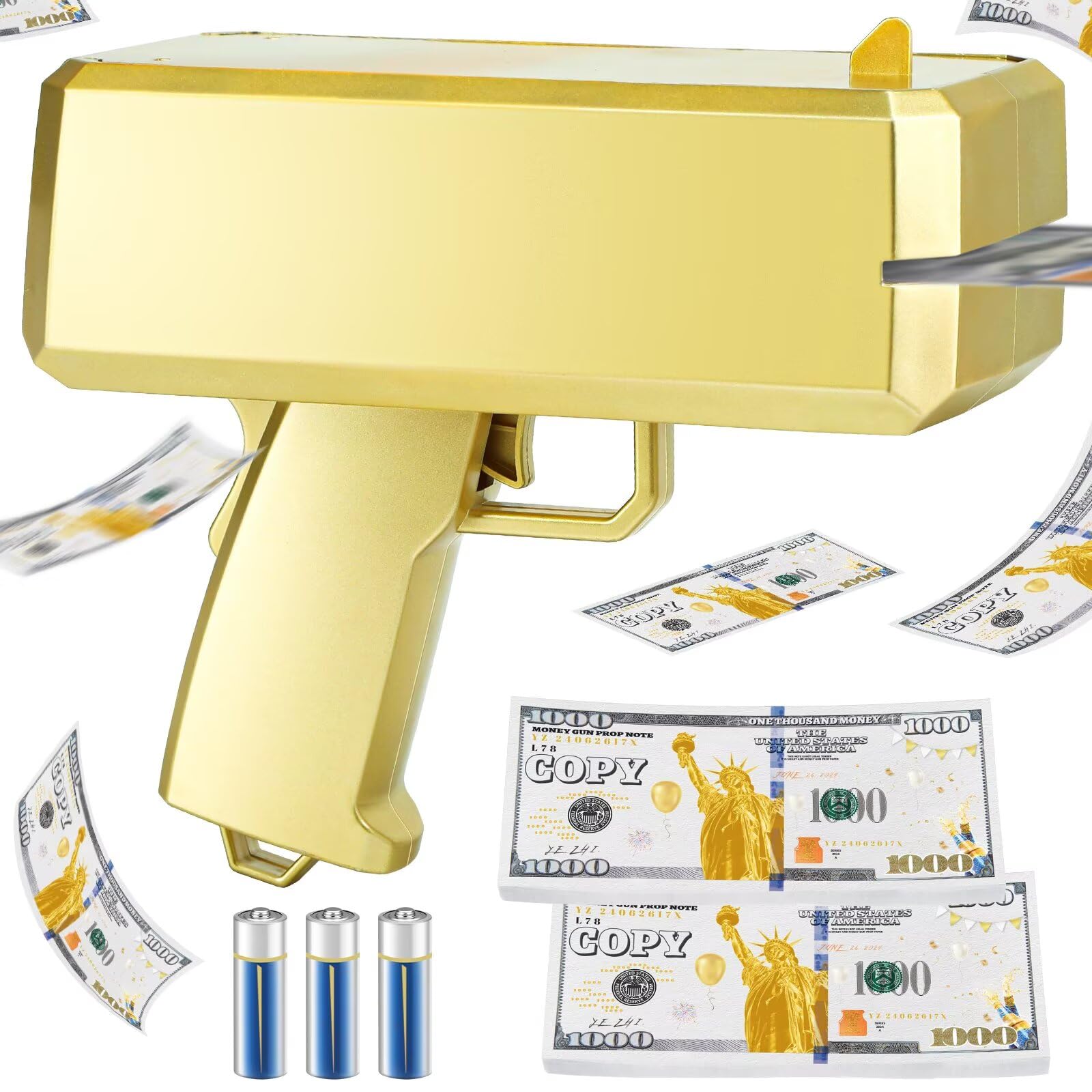 Photo 1 of Gold Money  Shooter and 201 PCS Props (No Real Function) 3 AA Batteries, Money Gun That Shoot Money, Make It Rain Money Thrower Gun Handheld Fake Gun Toy Party Supplies