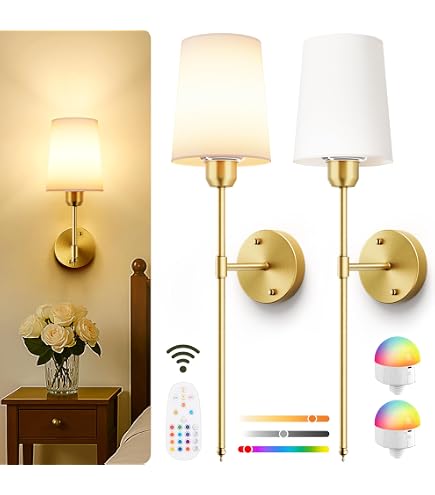 TERLEENART Set Of 2 Battery-Operated Wall Sconces – Remote Control, 15 Colors, Dimmable, 5200mAh Rechargeable, White Fabric Shade